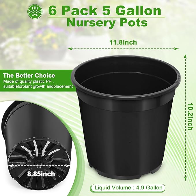 1/2/3/5/7 Gallon Pots for Plants, 5 Gallon Plastic Nursery Pot with Drainage Holes, Sturdy Plastic Plant Pots for Nursery Garden, Flowers, Succulent Outdoor Indoor (Black, 5 Gal- 6 Pack)