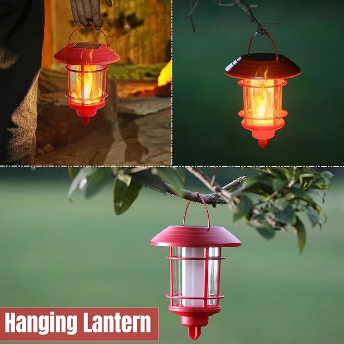 Dynaming 6 Pack Christmas Solar Flame Garden Lights Outdoor, Dual Use Flickering Flame Torch Candy Cane Pathway Marker, Xmas Hanging Lantern Lights, Waterproof & Auto On/Off for Patio Walkway Driveway