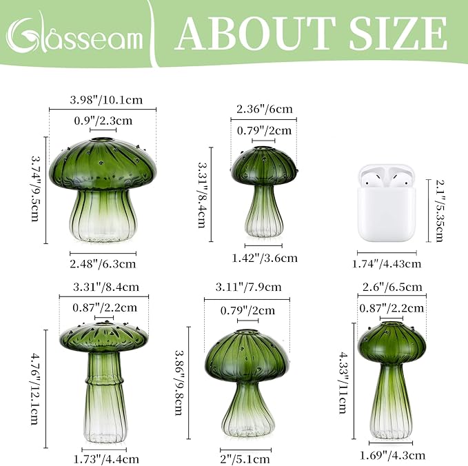 Glasseam Mushroom Plant Propagation Stations: Green Glass Terrarium Jar Set of 5 Cute Planters for Indoor Plants Mini Propagate Station Unique Christmas Birthday Gifts for Women Home Office Decor