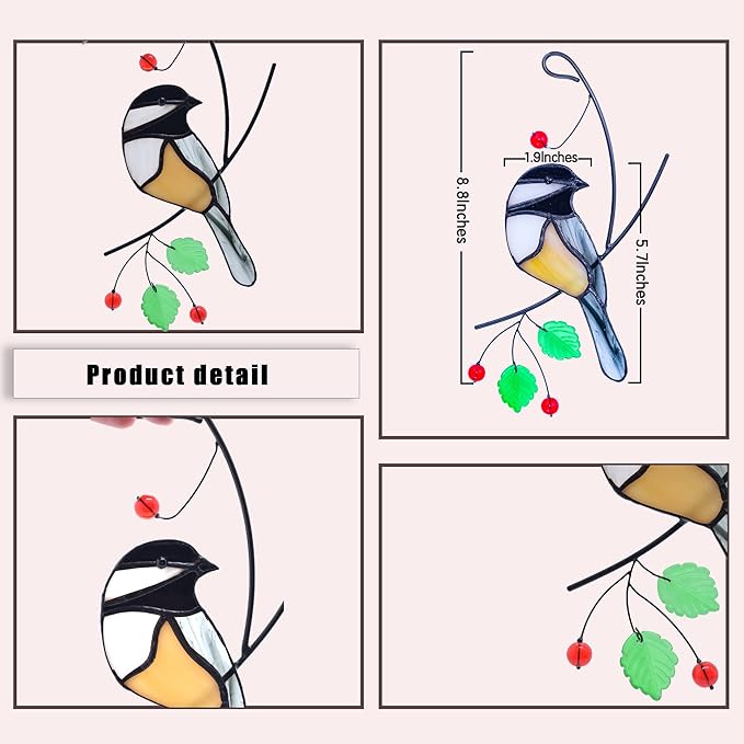Lolitarcrafts Chickadee Stained Glass Suncatcher Bird Stained Glass Window Hangings for Window Decoration