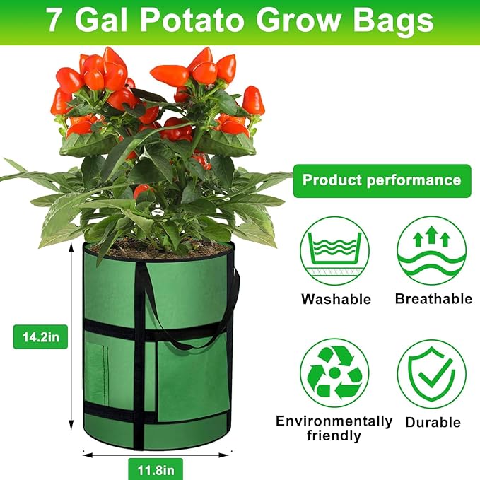 2-Pack 7 Gallon Potato Grow Bags with Harvest Window, Garden Plant Growing Bags with Flap and Handles, Thickened Nonwoven Fabric Plant Pots Grow Bags for Potatoes, Tomato, Vegetable and Fruits