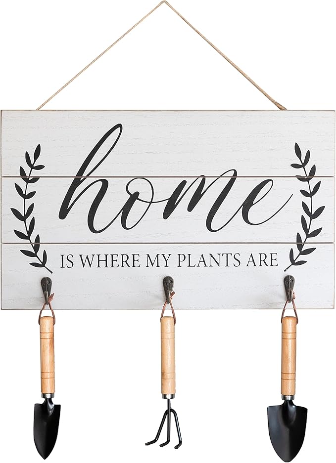 COLLECTIVE HOME - Garden Decor with Tools, Inspirational Wood Hanging Signs, Garden Tools Set - 3 Piece, Out Door Decor with Hooks, Home is Where My Plants are, 15.75"x9.5" (White)