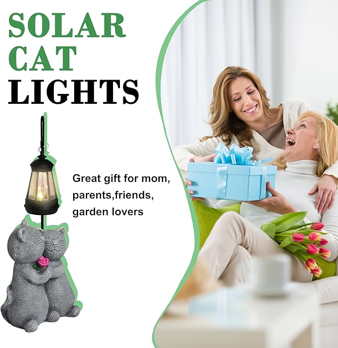 Cat Garden Statues with Solar Lantern Romantic Resin Kitty Couple Holding Rose Funny Cat Decor Gifts for Women Cats Figurines for Yard Lawn Porch Patio Decor