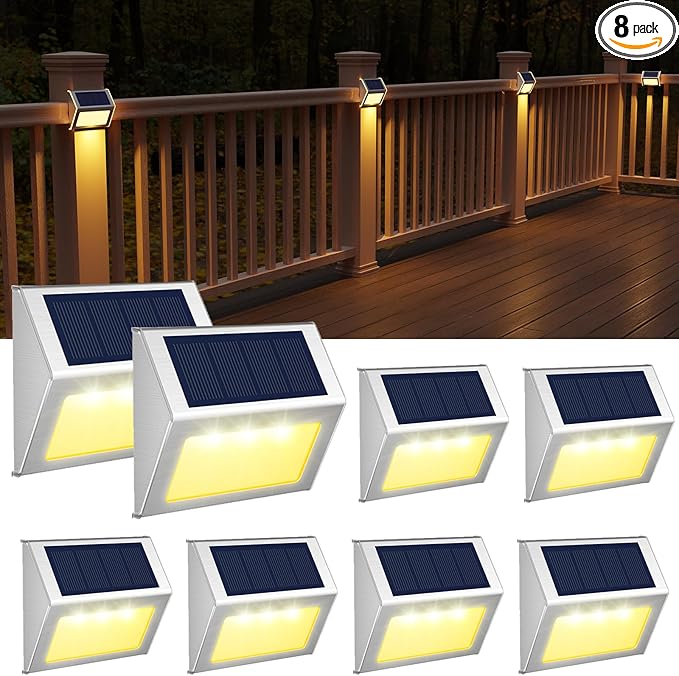 JSOT Solar Lights Outdoor for Deck,Waterproof Solar Powered Steps Light Outdoor Wireless LED Lamp Fence Lighting Walkway Patio Stair Garden Path Rail Backyard Fences Post 8 Pack Warm White