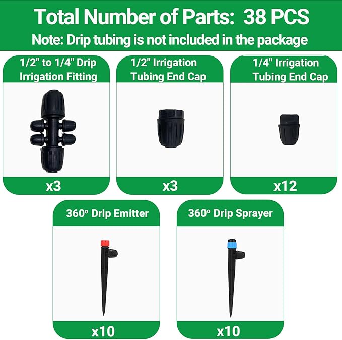 Drip Irrigation Emitters, Sprayers for 1/4" Tubing, 1/2" to 1/4" Fittings, Barbed Connectors for 1/2" Tubing (0.67" OD), End Plugs for Garden Watering System 38 Pcs (Tubing Not Included)