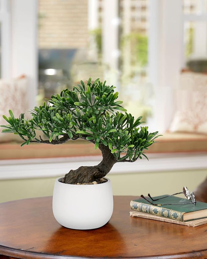 DILATATA Fake Bonsai Tree Zen Juniper Bonsai Plant 10” Tall Artificial Bonsai Trees with White Ceramic Pot Decorated with Pebbles Desk Plant Indoor Bonsai for Home Office Decor