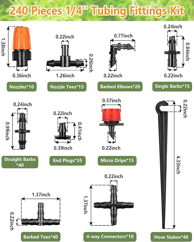 Drip Irrigation Fittings Kit for 1/4" Tubing, 240 Pcs Drip Line Connectors for Drip Systems - Nozzles, Micro Drips, Single barbs, 4 Way Connectors, Tees, Couplings, End Plugs, Elbows, Hose Stakes
