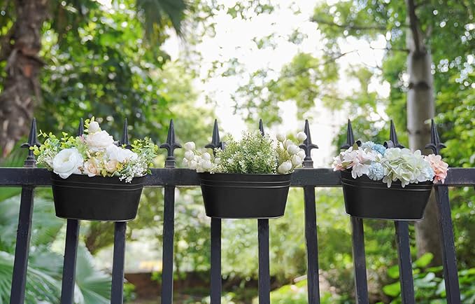 Dahey Metal Iron Hanging Flower Pots for Railing Fence Outdoor Planter Hanging Bucket Pots Countryside Style Window Flower Plant Holder with Detachable Hooks Home Decor,Black,3 Pcs