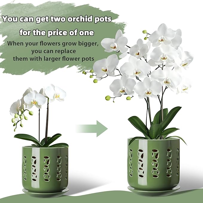 Ceramic Orchid Pots with Holes, 5 Inch+6 Inch Orchid Planter with Drainage Holes and Tray, Indoor Flower Pot for Repotting Orchids, Elegant Patina Glaze