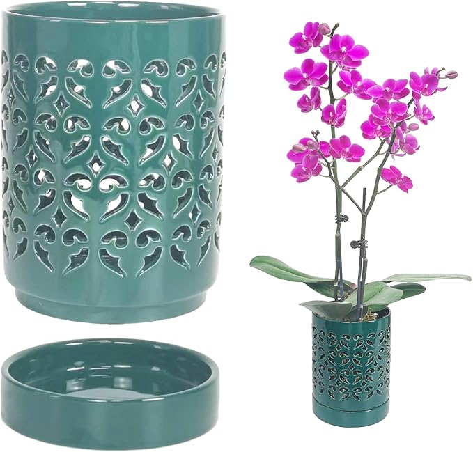 Ceramic Orchid Pot 4 Inch, Orchid Pots with Holes, Plant Pot for Repotting, Flower Planter Pot Indoor Outdoor, Breathable Slotted Orchids Planter Green