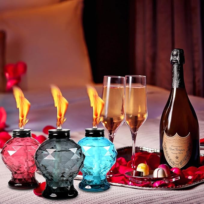 tewei 4 Pack Glass Table Top Light Torches for Outside, Easy to Refill Glass Citronella Torches Outdoor Lanterns, Wick and Cap Included Torch for Garden Patio Yard Party