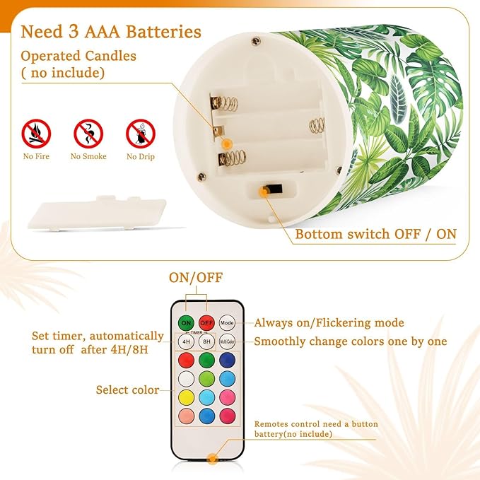 Flickering Flameless Candles, Tropical Palm Leaves Exotic LED Candles with Remote Timer, Set of 2 Battery Operated Candle for Valentine Wedding Birthday