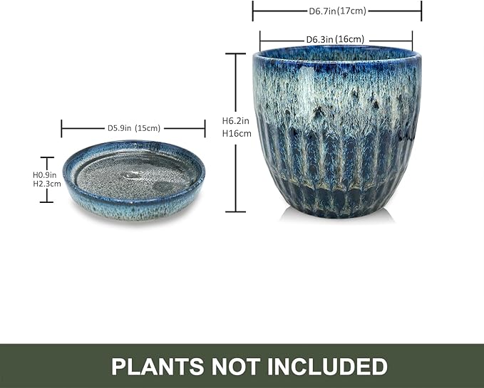 Ceramic Pots for Plants, 6 inch Pots for Plants, Ceramic Planters for Indoor Plants, Flower Pots with Drainage and Saucer, Reactive Glaze Blue