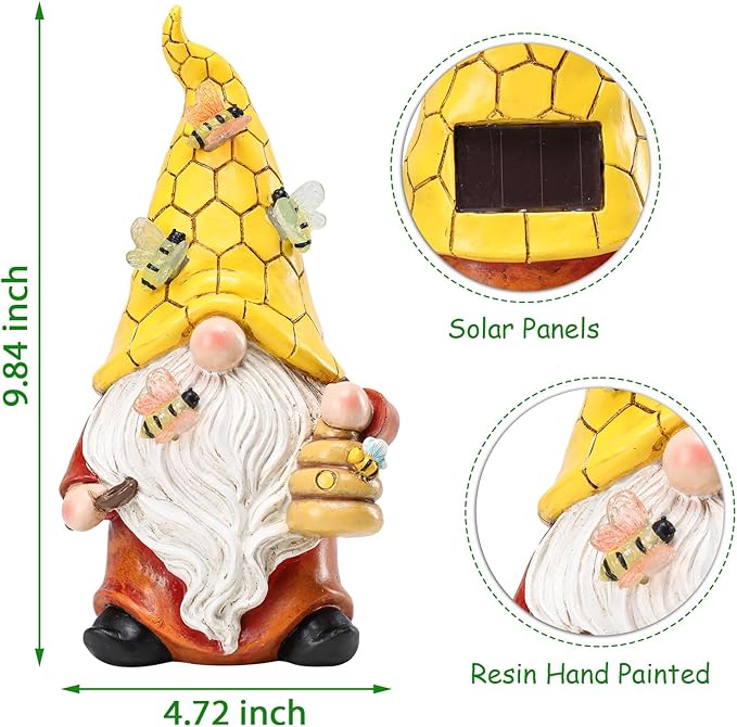 Garden Gnome Statue with Bee Solar Lights, Resin Gnome Figurine for Outdoor Decor, Porch Patio Yard Decorations