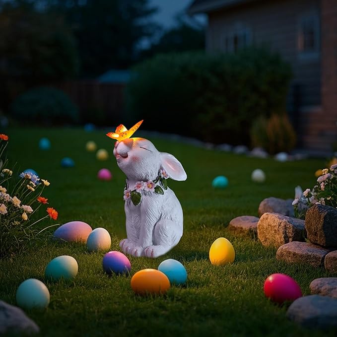Attivolife Garden Solar Outdoor Statues Bunny Light, Patio Decor Easter Rabbit with Butterfly Ornament for Lawn Balcony Yard Art Decoration, for Mom Grandma
