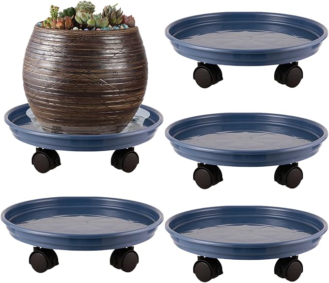 4 Packs Plastic Plant Caddy with Wheels 11.8" Plastic Rolling Plant Stands Heavy-Duty Plant Dolly with Casters Indoor and Outdoor Plant Roller Base Wheels, Blue