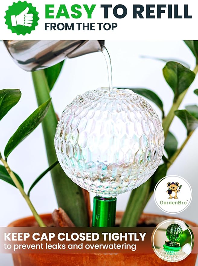 16 Oz Plant Watering Globes For Indoor Plants With Metal Self Watering Planter Insert - Premium XL Glass Hand-blown Globes - Automatic Indoor Planter Waterer, Gift Idea For Gardeners [1, Textured ]