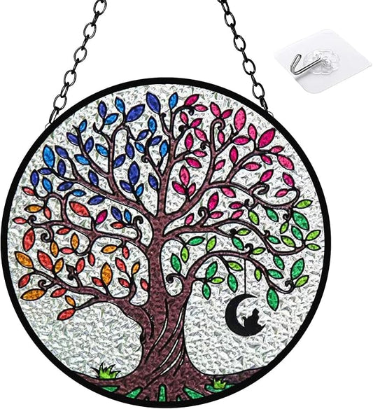 Artificial Trees of Life Suncatchers for Home Decorative Hanging Ornaments with Stick Hook for Window Hanging Hand-Painted Fake Plants Tree&Cat Memorial Gifts for Women 6.3'' * 6.3''