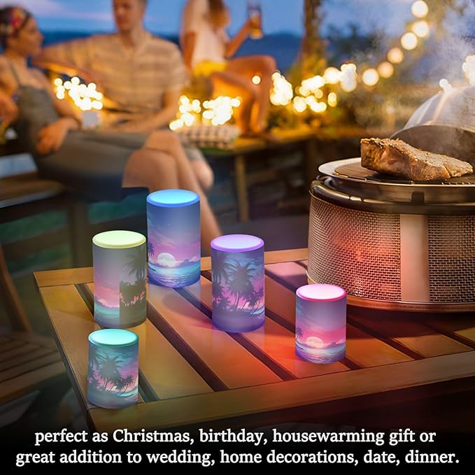 Flickering Flameless Candles, Palm Tree Beach Tropical LED Candles with Remote Timer, Set of 2 Battery Operated Candle for Valentine Wedding Birthday