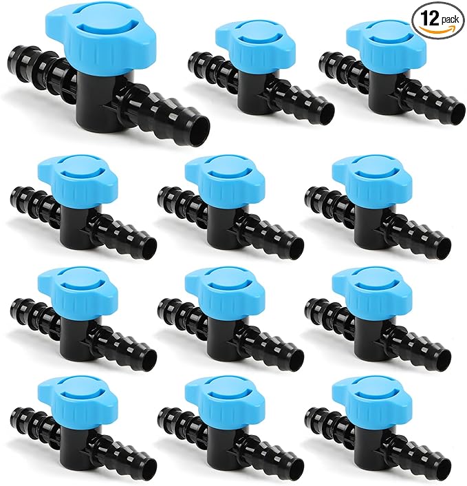 12 Pack Drip Irrigation 1/2 inch Shut Off Valve Fittings, Drip Line 1/2" 16mm Barbed Valve Parts for 1/2 Inch Drip Tubing (.570-.620" ID) No Leak Inline Shutoff Valves for Drip Systems