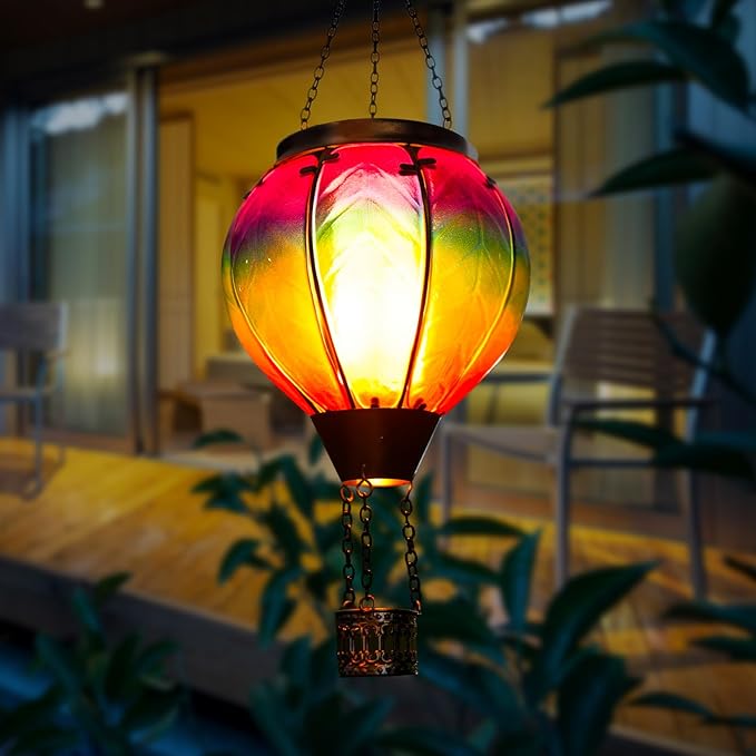 Solar Hot Air Balloon Lantern with Flame, Hanging Glass Hot Air Balloon Solar Lantern Waterproof, Decorative Outdoor Hot Air Balloon Solar Light for Outside Garden Patio (Purple Gradient)