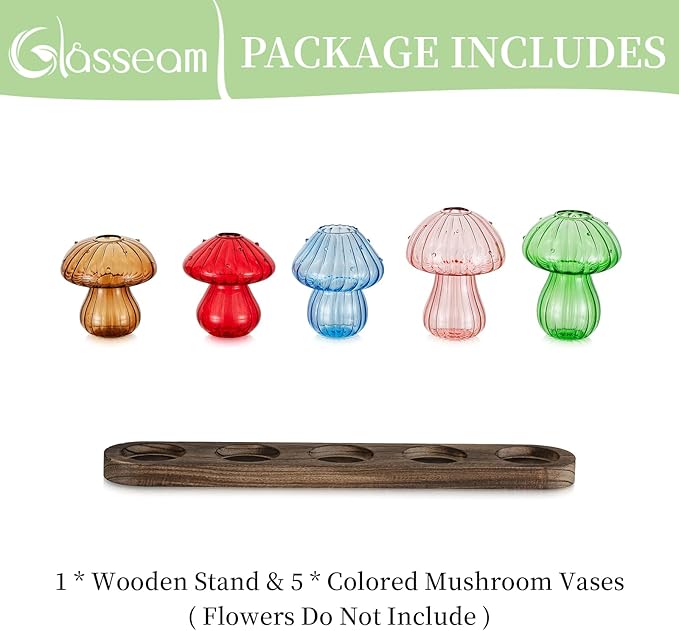 Glasseam Mushroom Plant Propagation Stations: Glass Plant Terrarium Jar with Wood Stand Unique Hydroponic Planters for Indoor Plants Cute Propagation Vase for Plant Lovers Home Office Decor 5Pcs