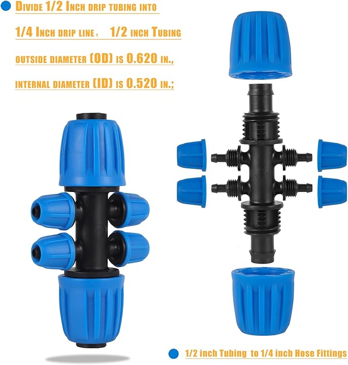 10 Pcs Barbed Tee 1/2 inch Tubing (1/2" ID x0.6-0.63" OD) 16mm to 1/4 inch Irrigation Tube Anti-Drop Quality Fitting (Fits 13mm ID / 4mm ID) (6-way lock Buckle Blue)