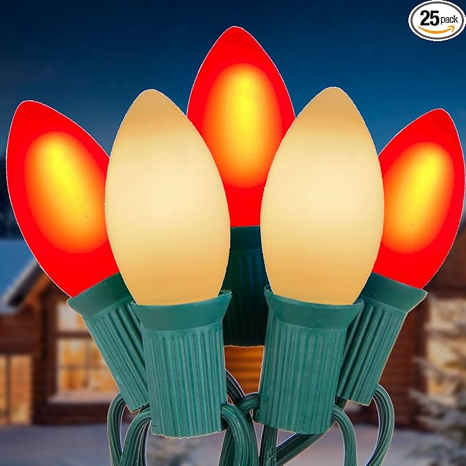 25FT C9 Christmas Lights Outdoor,Red and White C9 Christmas Lights with 26 Ceramic Bulbs(1 Spare), Connectable Incandescent Christmas Lights for Indoor Outdoor Party Home Decor,Green Wire