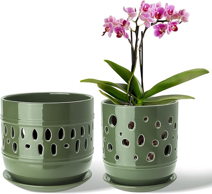 Orchid Pots with Holes, 5+6 Inch Ceramic Orchid Pot, Enhance Good Ventilation and Drainage,Flower Pots for Indoor/Outdoor Plants 2 Pack - Forest Green