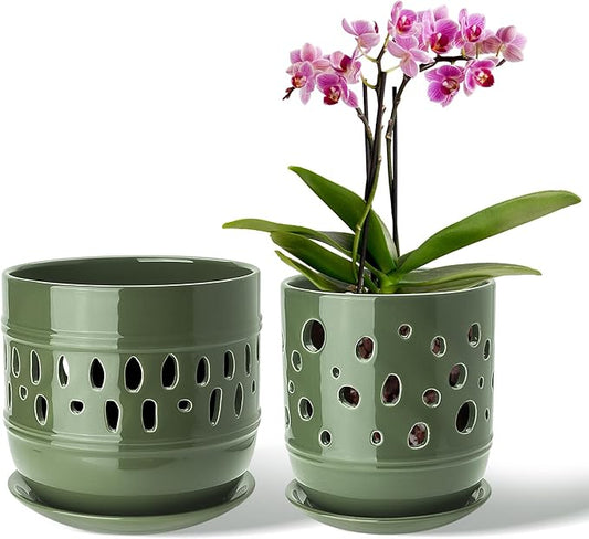 Orchid Pots with Holes, 5+6 Inch Ceramic Orchid Pot, Enhance Good Ventilation and Drainage,Flower Pots for Indoor/Outdoor Plants 2 Pack - Forest Green