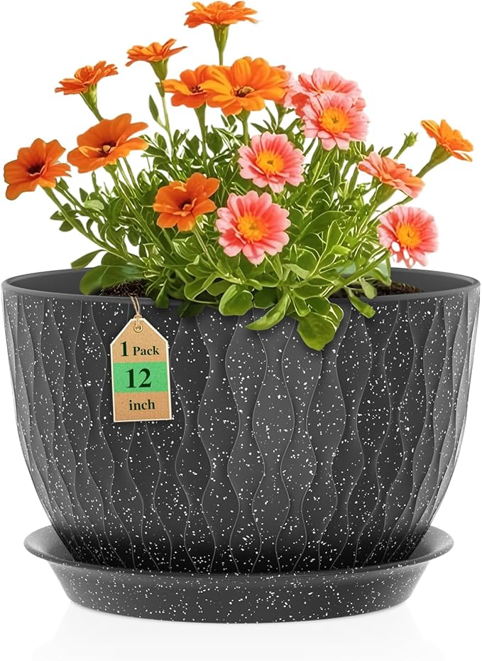 12 Inch Wide Water Ripples Flower Pots for Indoor or Outdoor Plants, Large Plant Pots with Drainage Holes & Saucer, Plastic Planters Set for Garden & Home Decor (Black with White Speckles)