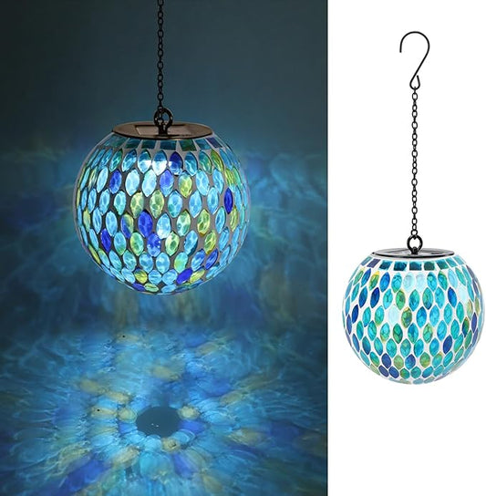 VCUTEKA Hanging Solar Lanterns Mosaic Solar Lights with Hook Up, Outdoor Garden Lights Decor for Yard Tree Fence Patio, Blue