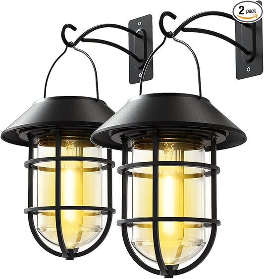 Solar Outdoor Hanging Lights, Waterproof Metal Solar Lanterns with Clear Glass, LED Edison Bulbs Decorative Wall Lanterns with Hooks, No Wiring Required, 2 Pack