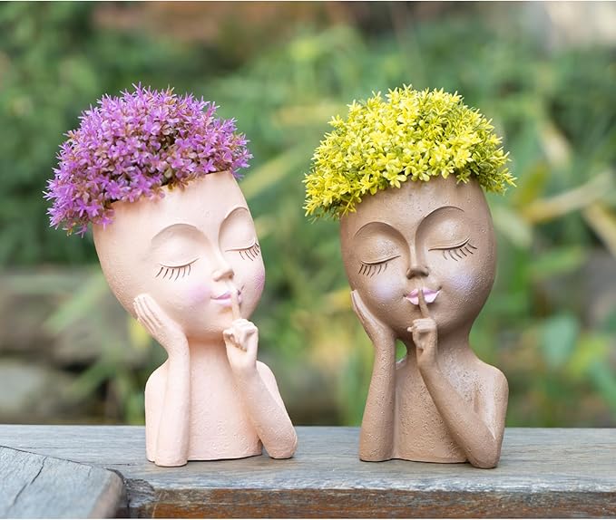 Face Planter Pot Head Planters, Lady Heads Flowerpot, Cute Girl Faces Plant Pot, Quiet Women Succulent Pots for Indoor Outdoor Plants, Modern Vase with Drainage