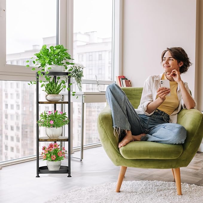 iDavosic.ly 4 Tier Corner Plant Stand Indoor, 45 Inch Tall Vertical Metal Flower Heavy Duty Pot Holder Shelf Outdoor for Patio Porch Living Room, Modern Black & Rustic Brown - Round