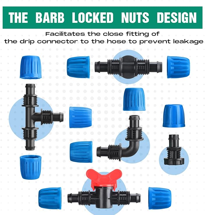 32 Pcs 1/2" Tubing Irrigation Fittings Kit 1/2" ID x 0.6-0.63" OD 16 mm Drip Irrigation Barbed Connectors 4 Switch Valves, 8 Tees, 8 Couplings, 4 Elbows, 4 Ends, 4 Adapters (Blue, Green)