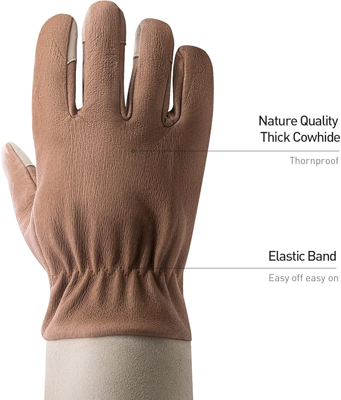HANDLANDY Long Gardening Gloves for Men & Women, Thorn Proof Rose Pruning Gloves Leather Gauntlets Garden Gloves Yard Work Gloves (Large, Brown)