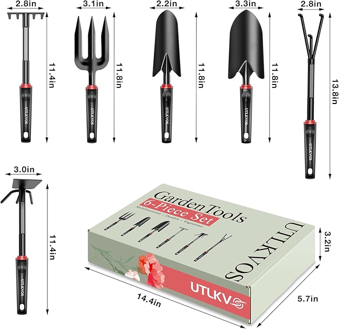 Gardening Tools Set, 6 Pieces Heavy Duty Rust-Proof Gardening Tool Kit, Ergonomic Soft Rubber Handles, Includes Trowels, Rakes, Weeding Tool, and Hand Fork for Digging, Planting, Weeding
