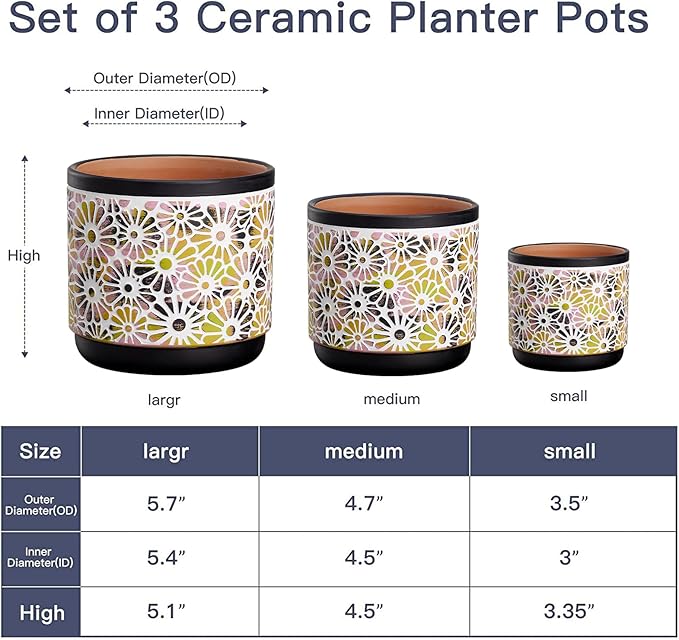 3 Piece Ceramic Plant Pots, 5.7/4.7/3.5/inch Planters with Drainage Hole, Outdoor Indoor Flower Pots Set, Modern Decorative Plant Pots for Lilies, Cacti, Succulents, Snakes, Bamboo(Black)