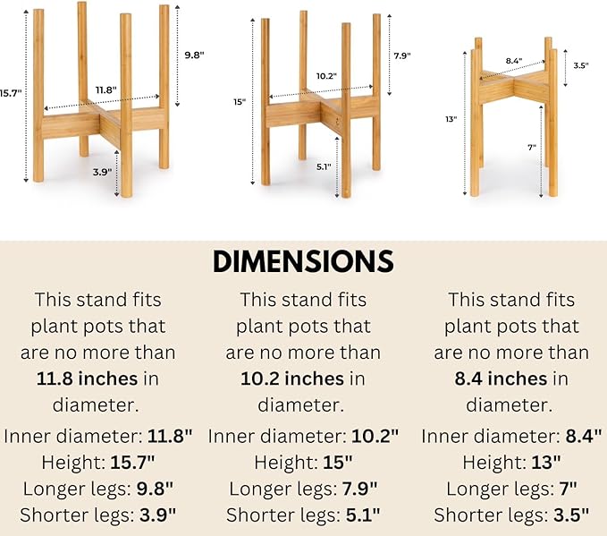 Fox & Fern Set of 3 Bamboo Plant Stand Indoor — Modern Raised Flower Pot Holders for 8, 10 & 11.8 Inch Planters (Not Included); Plug In Design; Two Height Options; Easy to Assemble - Bamboo