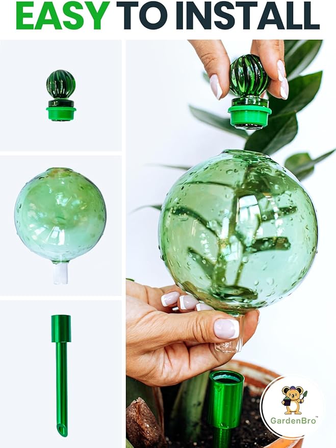 16 Oz Plant Watering Globes For Indoor Plants With Metal Self Watering Planter Insert - Premium XL Glass Hand-blown Globes - Automatic Indoor Planter Waterer, Gift Idea For Gardeners [1, Green]