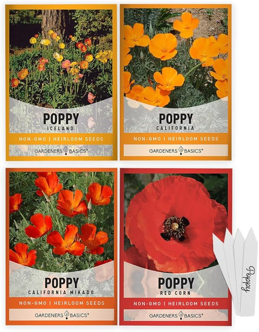 Poppy Seeds for Planting Outdoors Flower Seeds (4 Variety Pack) Poppies Iceland, California, California Mikado and Red Corn Varieties for Bees, Pollinators Wildflower Seed by Gardeners Basics