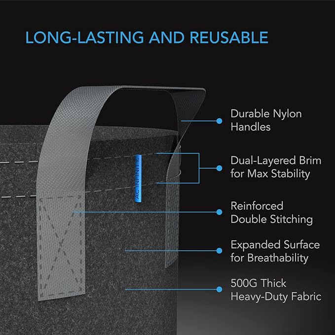 AC Infinity Heavy Duty Fabric Pots, 15 Gallon Aeration Reusable Grow Bags 5-Pack with 500G Thick Nonwoven Fabric and Multi-Purpose Rings, for Plant Hanging and Low Stress Training