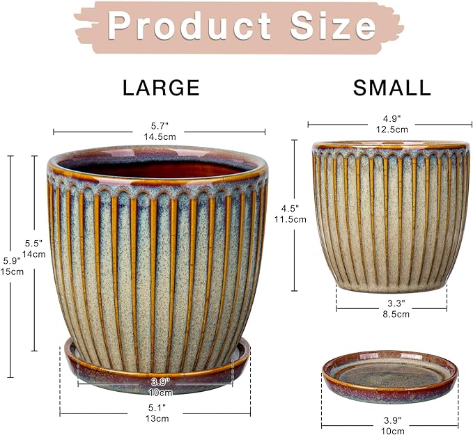 Oairse Ceramic Pots for Indoor Plants, 4.9 +5.7 inch Pots for Plants Set of 2 Brown Plant Pots with Drainage Holes and Saucers Texture Ceramic Planters Indoor Outdoor Flower Pots for Succulent
