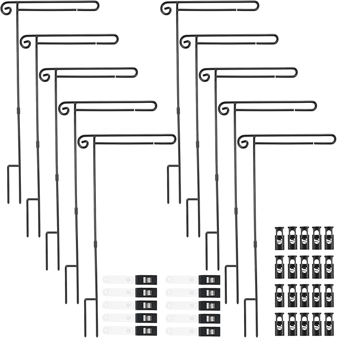 10 Pack Garden Flag Stand with Flag Stoppers and Clips, Black Powder Coated Weather Proof Garden Flag Pole Holder for Outdoor Garden Flag (Classic Style, 15.2 x 33.1 Inch)