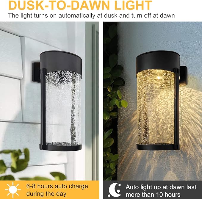 Solar Outdoor Wall Lights Fixture Set of 2 Porch Lights Crackled Glass Diffuser with Warm White LED