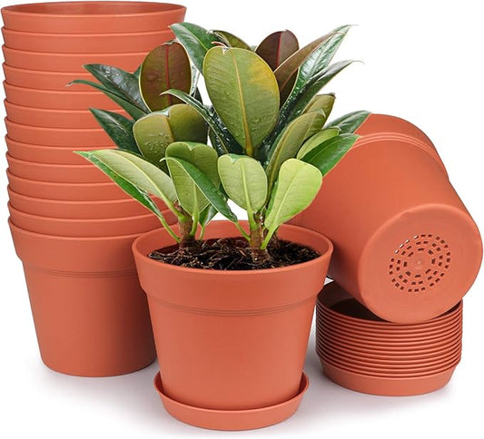 Homenote Pots for Plants, 15 Pack 6 Inch Plastic Planters with Multiple Drainage Holes and Tray - Plant Pots for All Home Garden Flowers Succulents (Terra Cotta)
