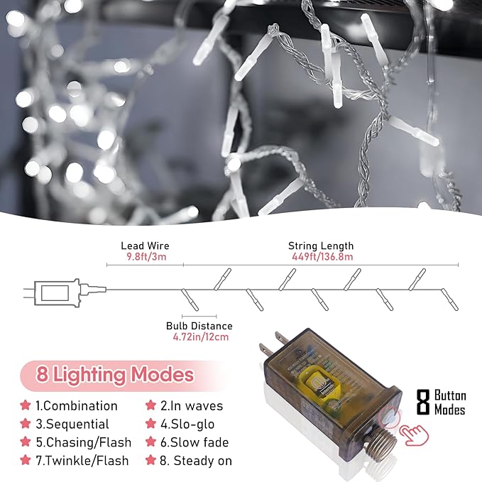 Heceltt 1140 LED 449 FT String Lights Outdoor, 8 Modes White Christmas Lights Plug in, IP44 Waterproof Led String Lights with Timer and Memory for Xmas Tree Yard Party Garden Decorations