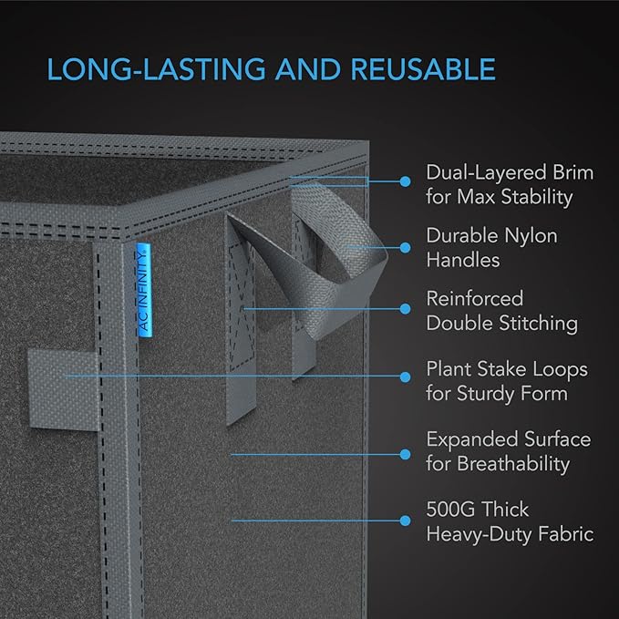 AC Infinity Square Heavy Duty Fabric Pots, 5 Gallon Aeration Reusable Grow Bags 5-Pack with 500G Thick Nonwoven Fabric and Plant Stake Loops, for Garden Growing Fruits, Vegetables, and Flowers