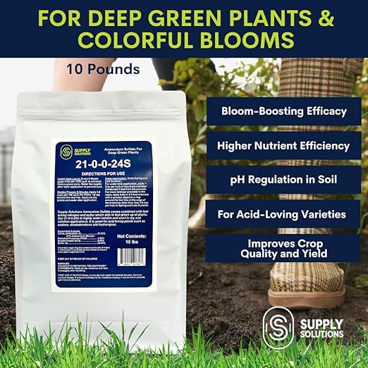 21-0-0-24S Ammonium Sulfate for Deep Green Plants - Soil Acidifier for Blueberry Blooms, Azalea and Magnolia Tree Fertilizer - Sulfur for Plants Nitrogen Fertilizer (10 Pounds)